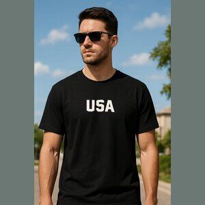 SHEIN Men's Large Black USA T-Shirt Casual Streetwear Bold Graphic Tee NIB